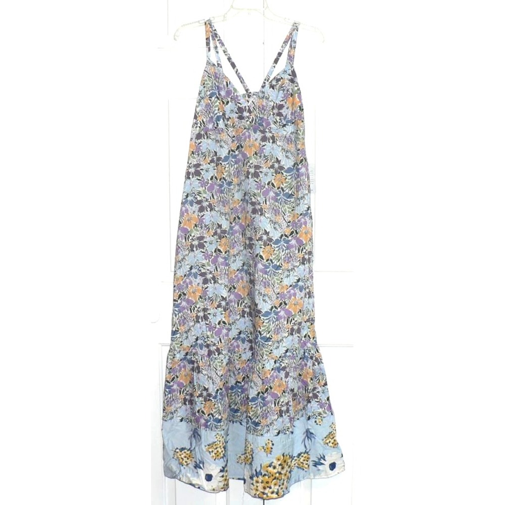 Stitchdrop Women's V-Neck Sleeveless Cotton Blend Floral Maxi Dress in Blue Bell